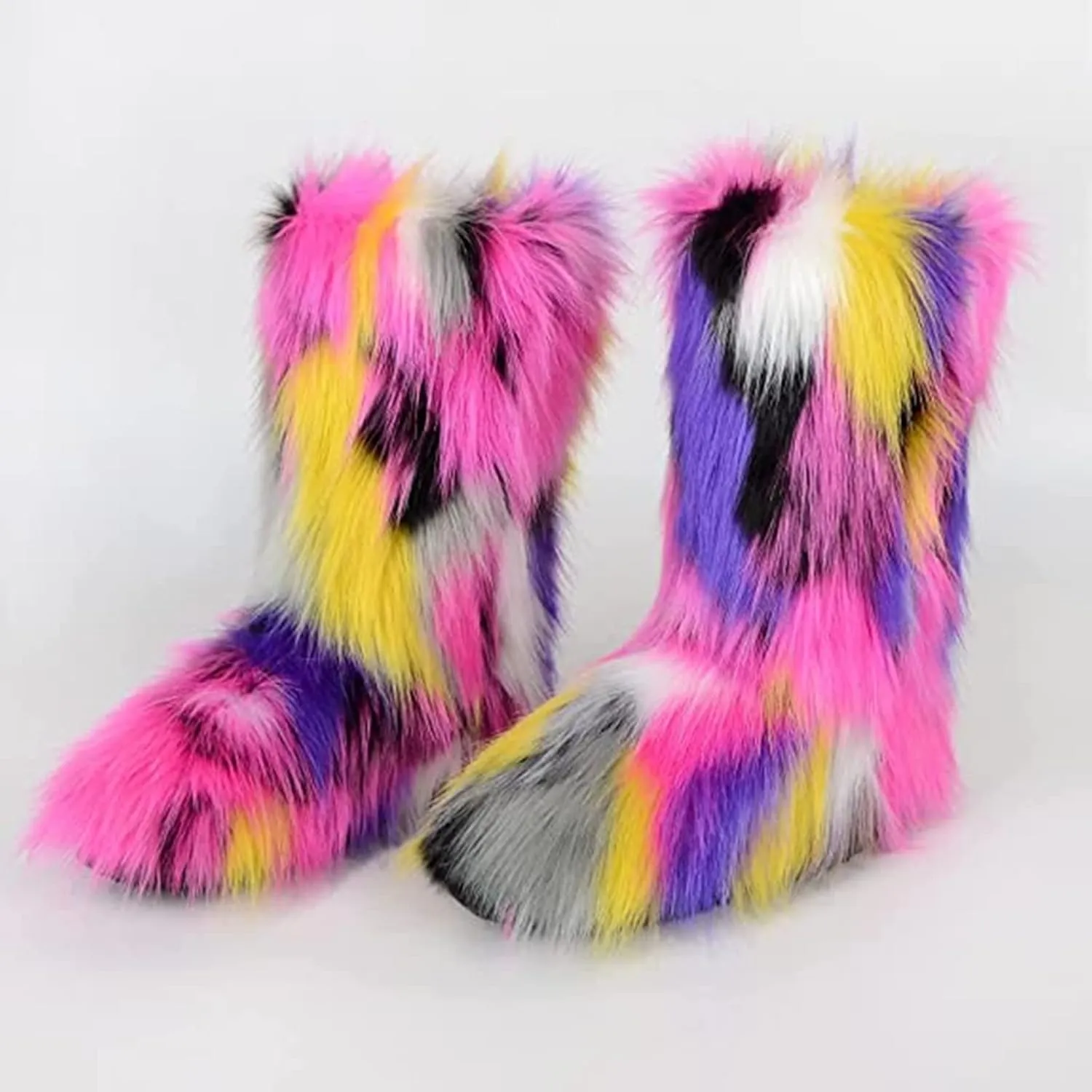 Gegefur Women's Faux fur Boot Furry Fluffy Short Snow Boot Mid-Calf Boots Warm Comfortable Outdoor Flat Shoes