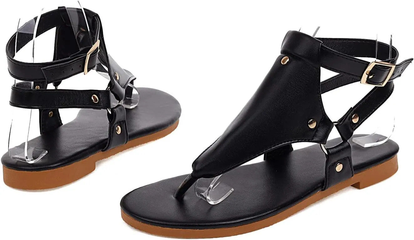 Gladiator Flat Sandal for Women Fashion Snakeskin Print Thong Strap Buckle Clip Toe Studded Roman Shoes Summer Comfortable Casual Beach Shoes