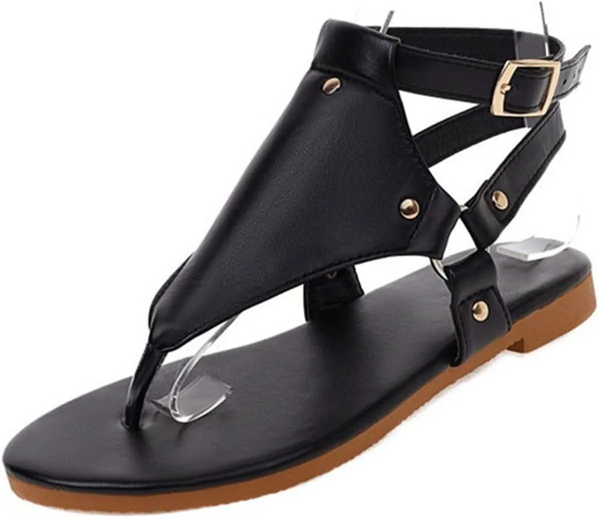 Gladiator Flat Sandal for Women Fashion Snakeskin Print Thong Strap Buckle Clip Toe Studded Roman Shoes Summer Comfortable Casual Beach Shoes