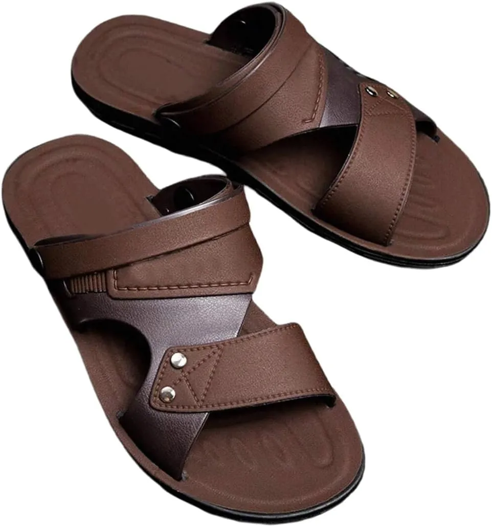 GORGLITTER Men's Beach Leather Sandals Slide Footwear Cut Out Studded Slippers Flat Shoes