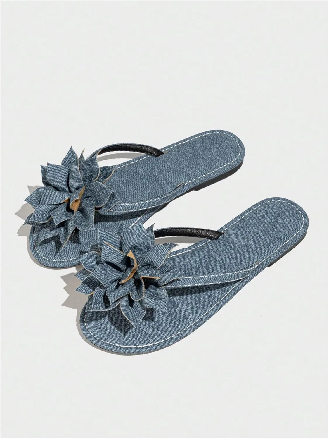 GORGLITTER Women's Denim Sandals Cute Flower Flat Sandals Jean Thong Slide Sandals