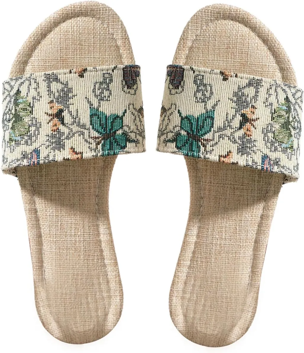 GORGLITTER Women's Embroidered Floral Flat Sandals Open Toe Slip on Boho Beach Vacation Slides Shoes