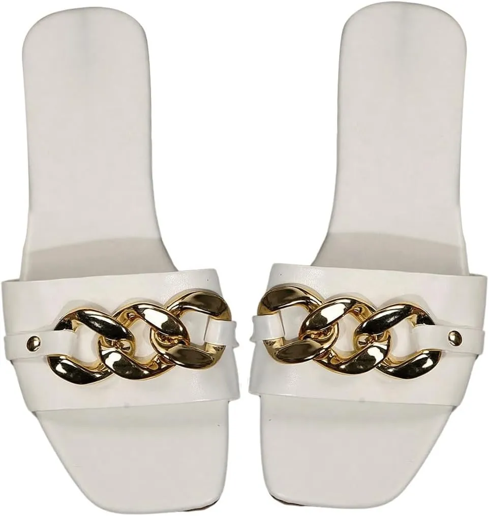GORGLITTER Women's Metallic Flat Sandals Open Toe Single Band Slide Sandals