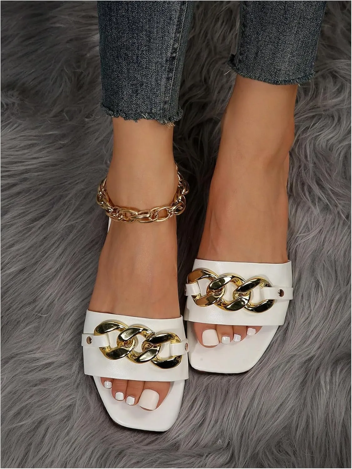 GORGLITTER Women's Metallic Flat Sandals Open Toe Single Band Slide Sandals