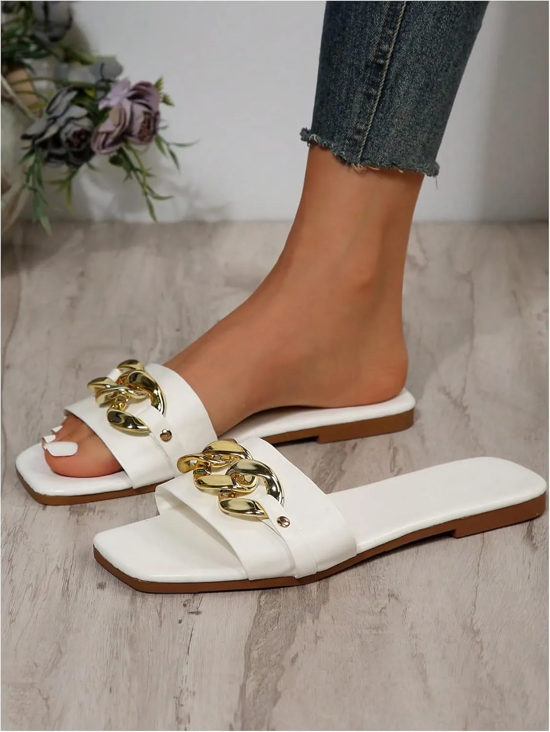 GORGLITTER Women's Metallic Flat Sandals Open Toe Single Band Slide Sandals