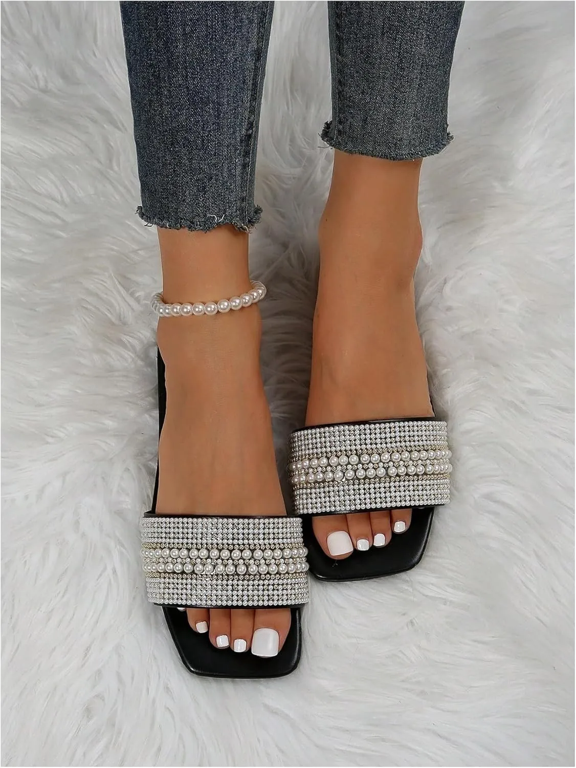 GORGLITTER Women's Pearl Decor Flat Sandals Open Toe PU Leather Slide Sandals
