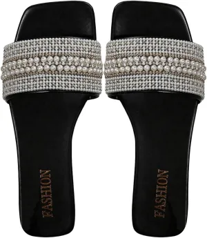 GORGLITTER Women's Pearl Decor Flat Sandals Open Toe PU Leather Slide Sandals