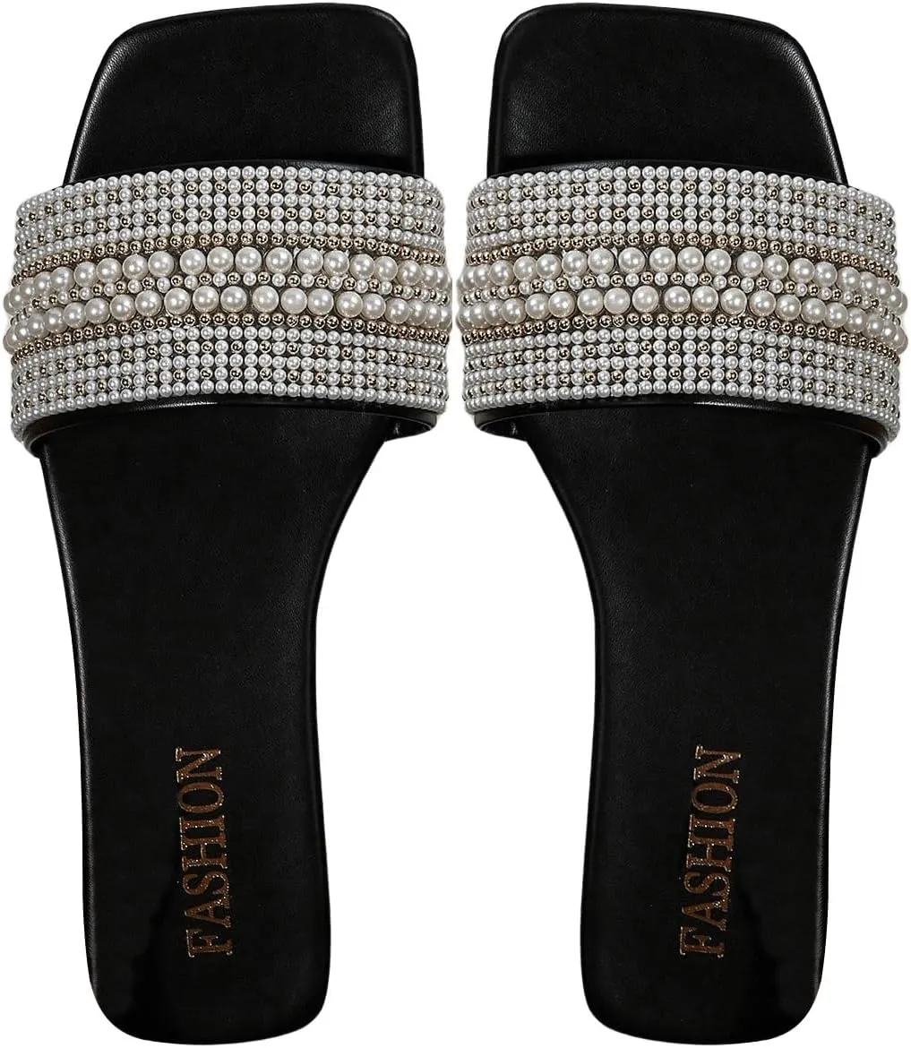 GORGLITTER Women's Pearl Decor Flat Sandals Open Toe PU Leather Slide Sandals