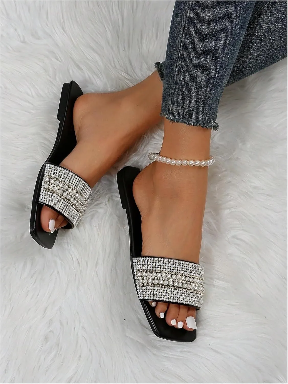 GORGLITTER Women's Pearl Decor Flat Sandals Open Toe PU Leather Slide Sandals