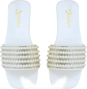 GORGLITTER Women's Pearl Sandals Leather Square Open Toe Slip On Dressy Wedding Flat Sandals