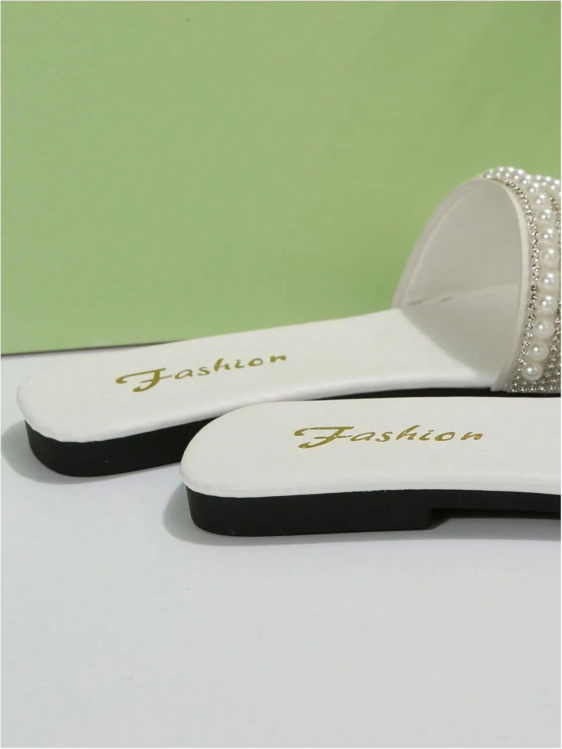 GORGLITTER Women's Pearl Sandals Leather Square Open Toe Slip On Dressy Wedding Flat Sandals