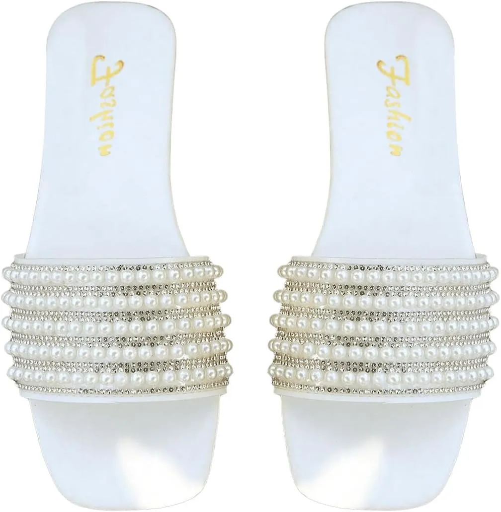 GORGLITTER Women's Pearl Sandals Leather Square Open Toe Slip On Dressy Wedding Flat Sandals