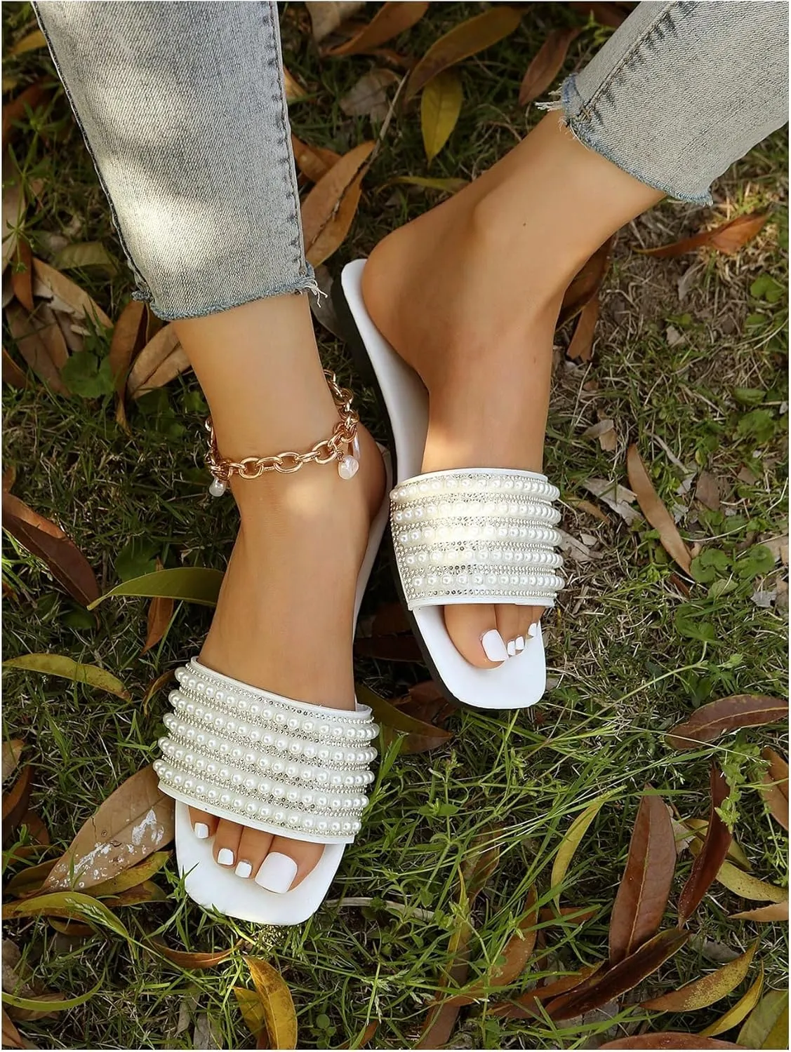 GORGLITTER Women's Pearl Sandals Leather Square Open Toe Slip On Dressy Wedding Flat Sandals