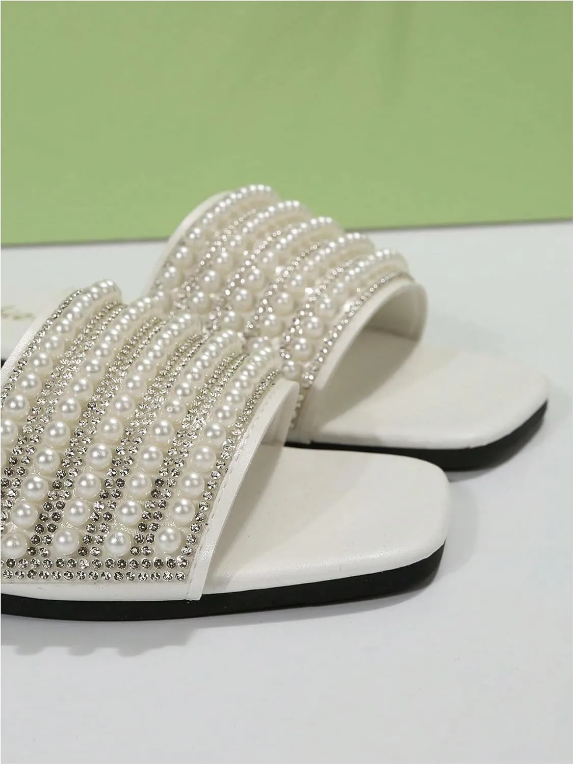 GORGLITTER Women's Pearl Sandals Leather Square Open Toe Slip On Dressy Wedding Flat Sandals