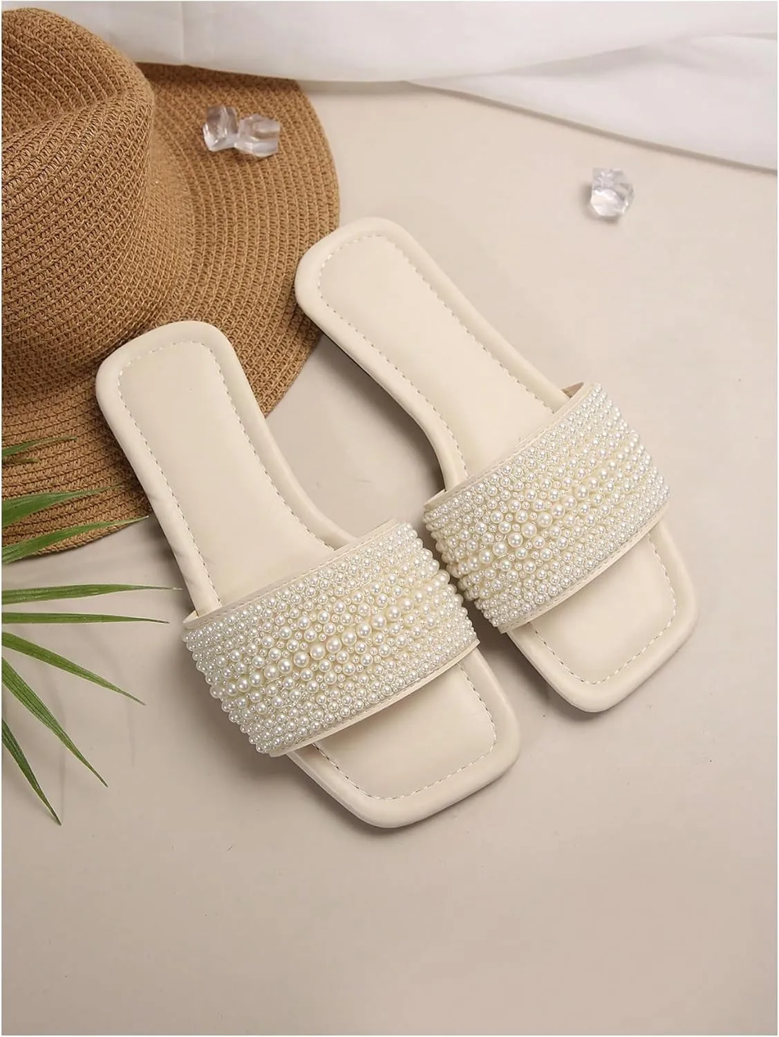 GORGLITTER Women's Pearls Sandals Rhinestone Flat Sandals Dressy Open Toe Slide Sandals