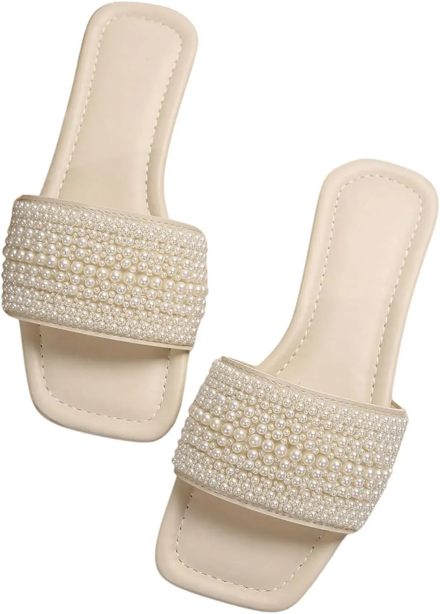 GORGLITTER Women's Pearls Sandals Rhinestone Flat Sandals Dressy Open Toe Slide Sandals