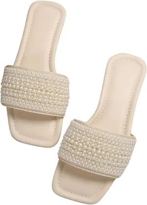 GORGLITTER Women's Pearls Sandals Rhinestone Flat Sandals Dressy Open Toe Slide Sandals