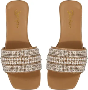 GORGLITTER Women's Summer Beach Flat Cute Sandals 2025 Pearls Pu Leather Slide