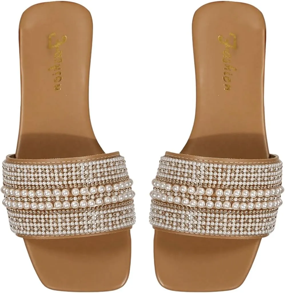 GORGLITTER Women's Summer Beach Flat Cute Sandals 2025 Pearls Pu Leather Slide