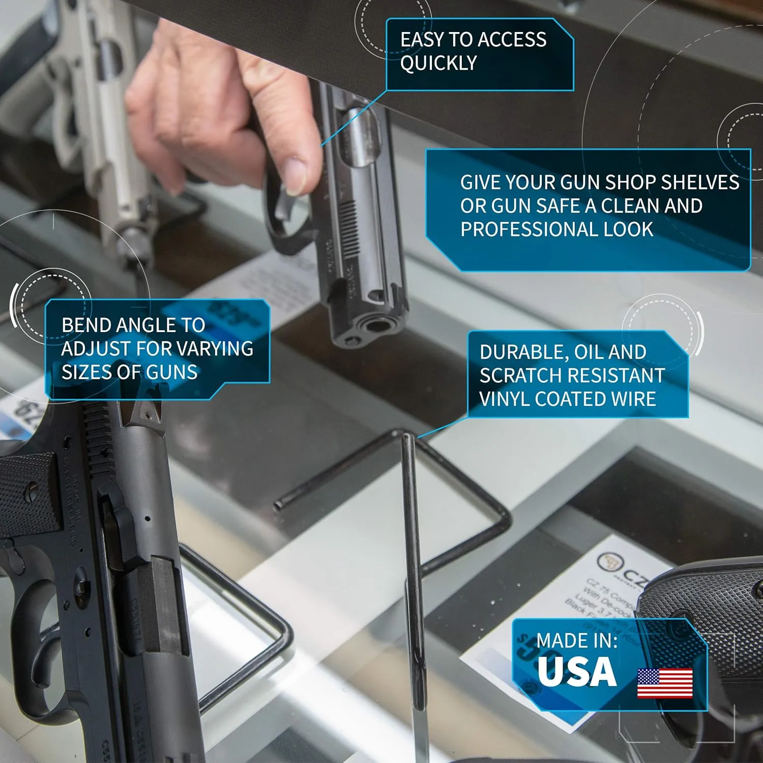 Gun Storage Solutions .22Cal & Larger Kikstand Handgun Display Stands - Free Standing or Glass Shelf Clipping Styles
