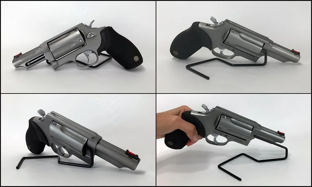 Gun Storage Solutions .22Cal & Larger Kikstand Handgun Display Stands - Free Standing or Glass Shelf Clipping Styles