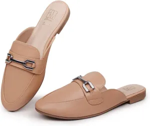 Hawkwell Women's Metal Chain Decor Backless Slip on Slides Loafer Shoes Flats Comfortable Round Toe Mules