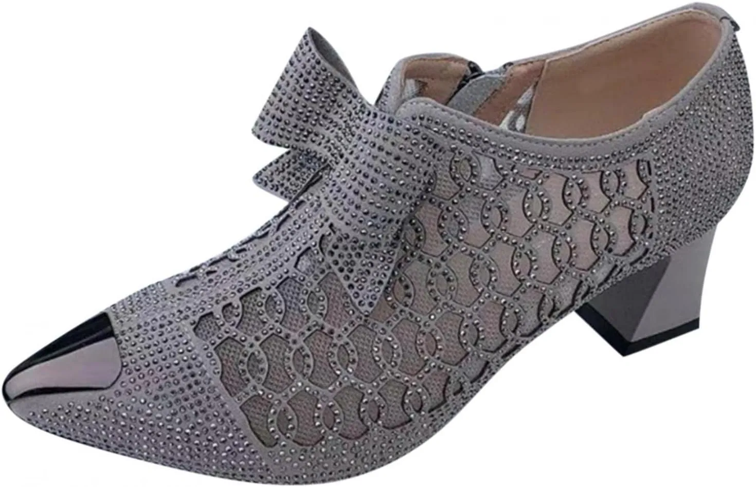 Hbeylia Dress Boots For Women Ladies Sexy Fashion Breathable Glitter Lace Hollow Out Pointed Toe Chunky Block Mid Heels Ankle Booties With Side Zipper Dressy Pump Short Boots For Wedding Party Favor