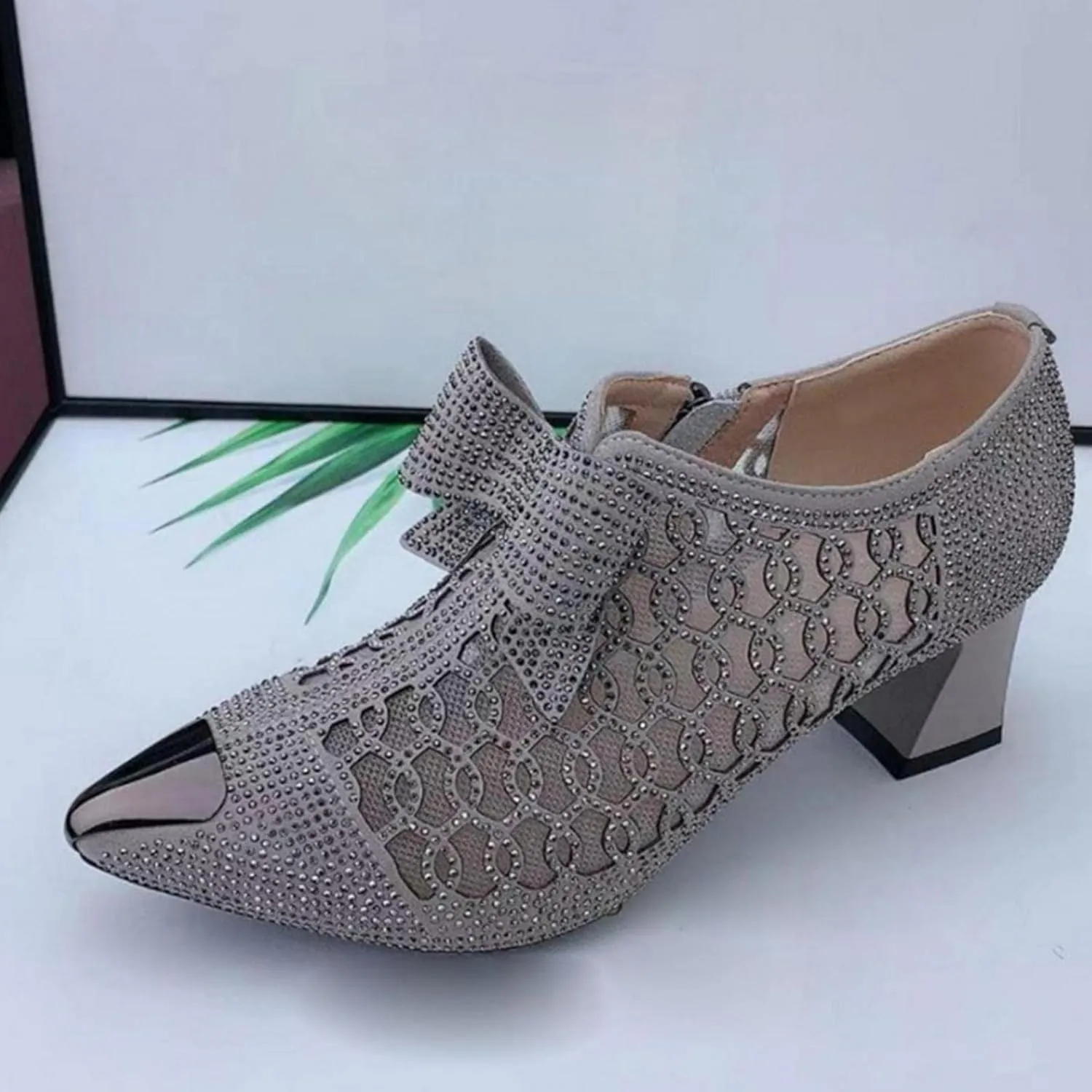 Hbeylia Dress Boots For Women Ladies Sexy Fashion Breathable Glitter Lace Hollow Out Pointed Toe Chunky Block Mid Heels Ankle Booties With Side Zipper Dressy Pump Short Boots For Wedding Party Favor