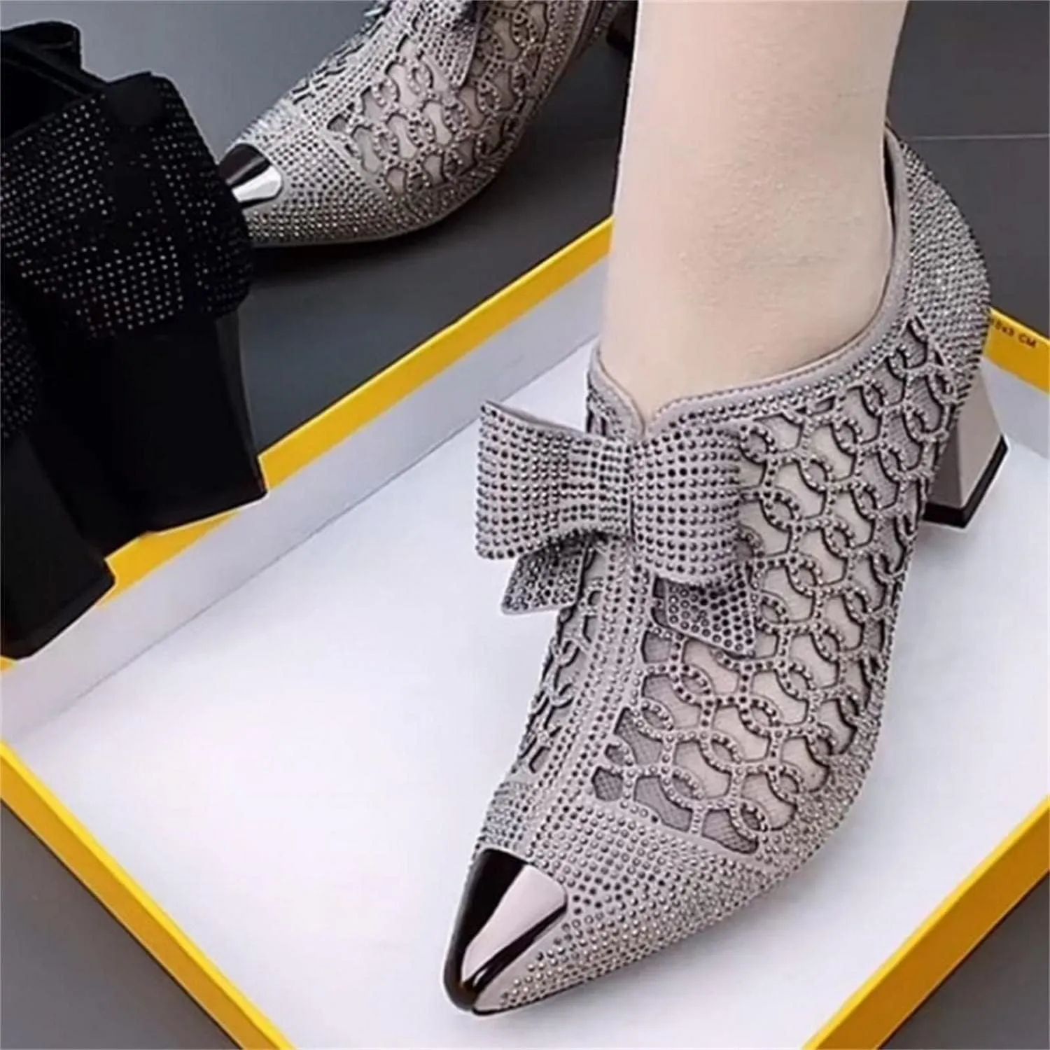Hbeylia Dress Boots For Women Ladies Sexy Fashion Breathable Glitter Lace Hollow Out Pointed Toe Chunky Block Mid Heels Ankle Booties With Side Zipper Dressy Pump Short Boots For Wedding Party Favor