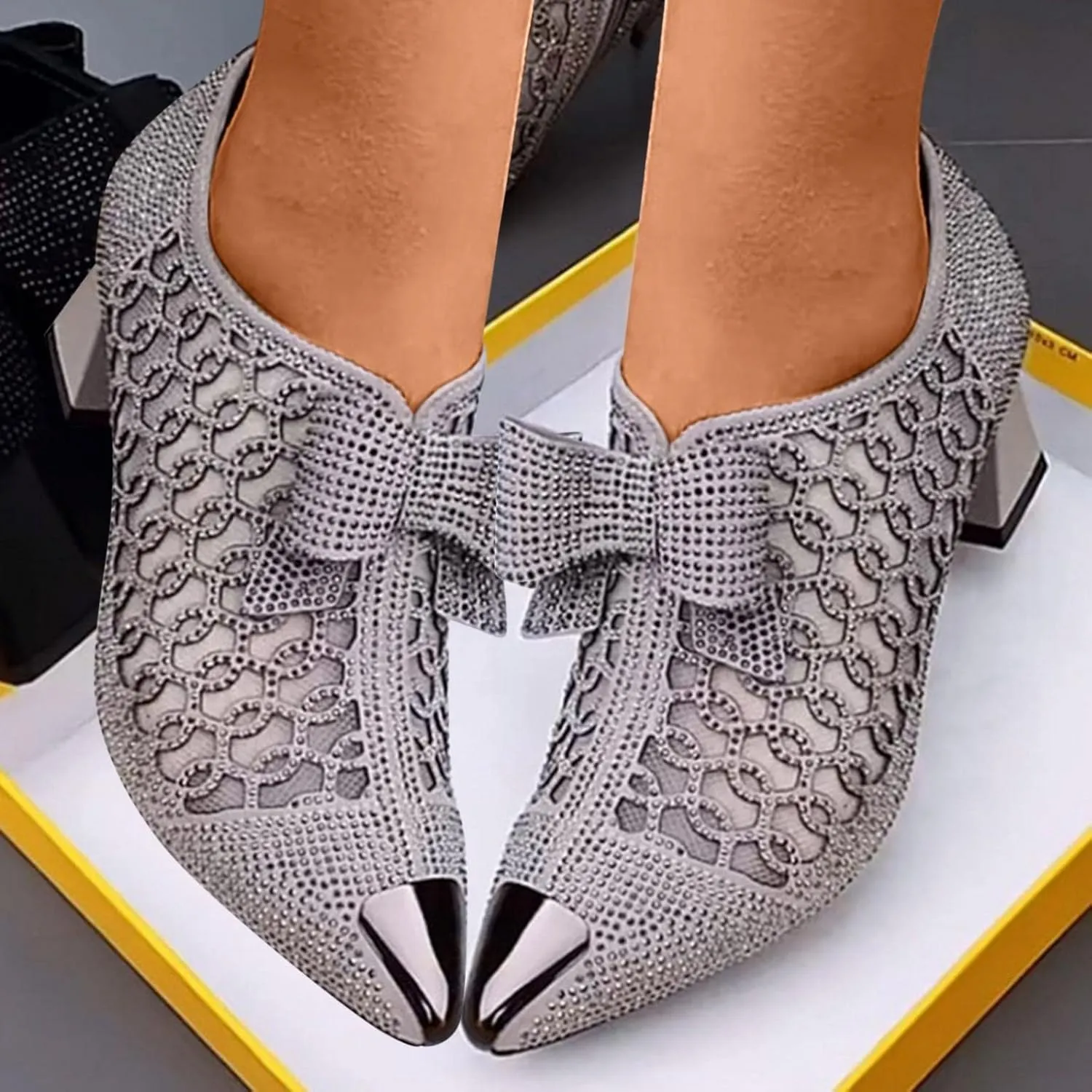 Hbeylia Dress Boots For Women Ladies Sexy Fashion Breathable Glitter Lace Hollow Out Pointed Toe Chunky Block Mid Heels Ankle Booties With Side Zipper Dressy Pump Short Boots For Wedding Party Favor