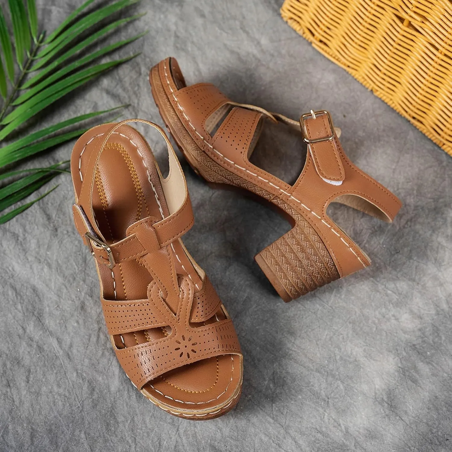 High Heels for Women Dressy Summer Chunky Heel Platform Wedge Sandals Open Toe Block Heels Ankle Strap Wedges Casual Hollow Out Shoes Breathable Dress Sandals