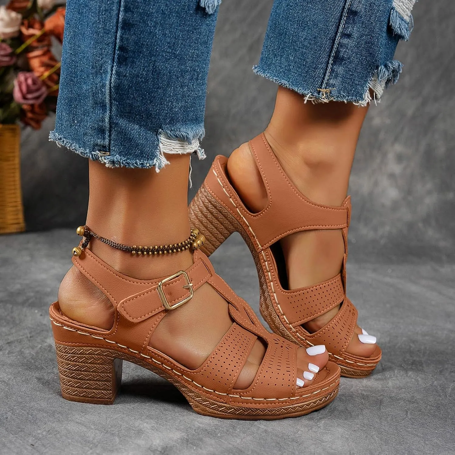 High Heels for Women Dressy Summer Chunky Heel Platform Wedge Sandals Open Toe Block Heels Ankle Strap Wedges Casual Hollow Out Shoes Breathable Dress Sandals