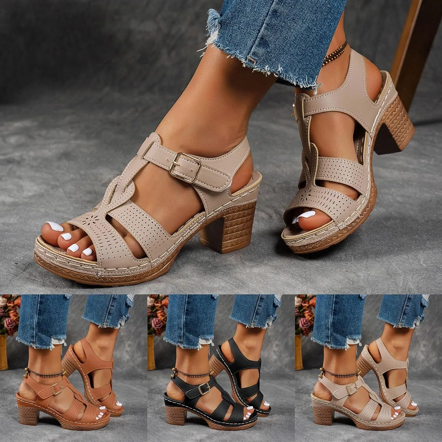High Heels for Women Dressy Summer Chunky Heel Platform Wedge Sandals Open Toe Block Heels Ankle Strap Wedges Casual Hollow Out Shoes Breathable Dress Sandals