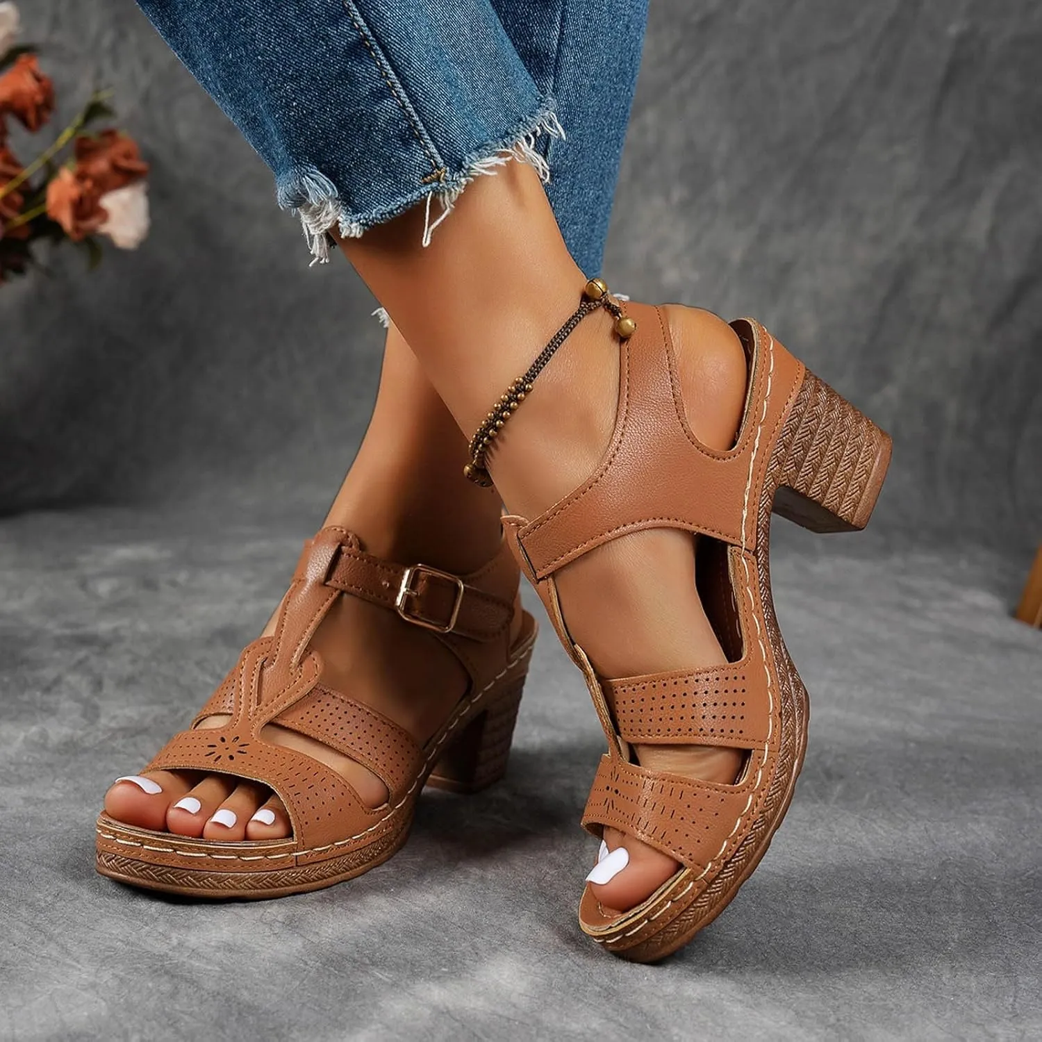 High Heels for Women Dressy Summer Chunky Heel Platform Wedge Sandals Open Toe Block Heels Ankle Strap Wedges Casual Hollow Out Shoes Breathable Dress Sandals