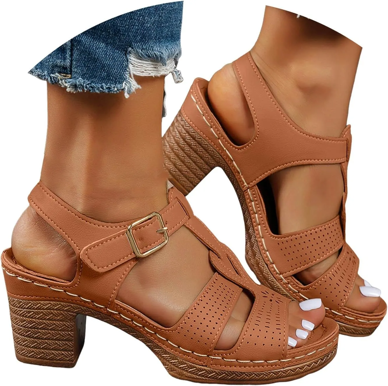 High Heels for Women Dressy Summer Chunky Heel Platform Wedge Sandals Open Toe Block Heels Ankle Strap Wedges Casual Hollow Out Shoes Breathable Dress Sandals