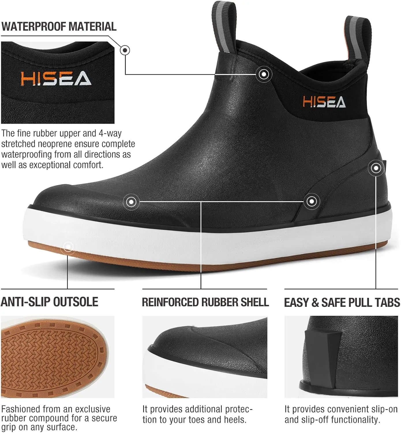 HISEA Men's Deck Boots, Wide Toe Mens Rain Boots Waterproof Fishing Boots Anti-Slip Ankle High Breathable Neoprene Lining Rubber Boots