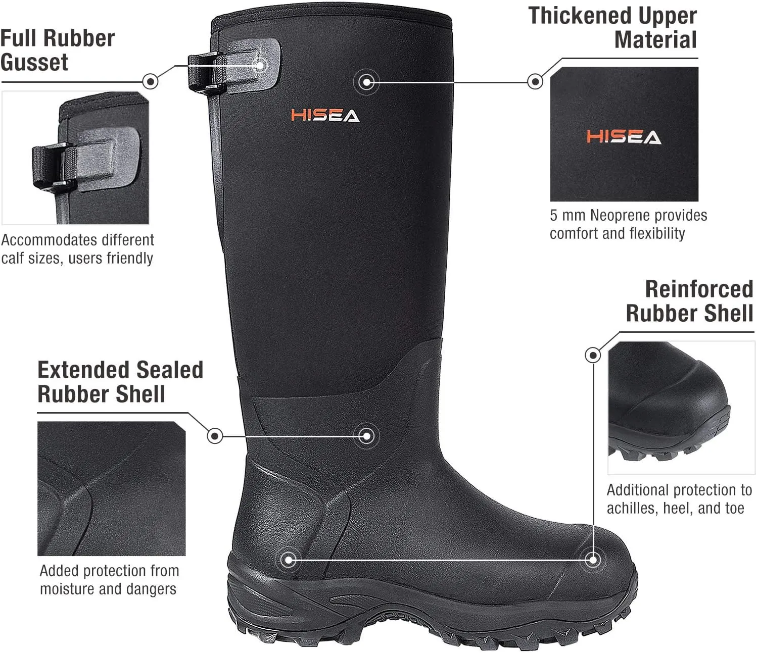 HISEA Rubber Hunting Boots, Tall Warm Neoprene Waterproof Insulated Basic Hunting Boots, Mens Adjustable Winter Boots Durable Slip Resistant Outdoor Hunting Fishing Working Boots for Men