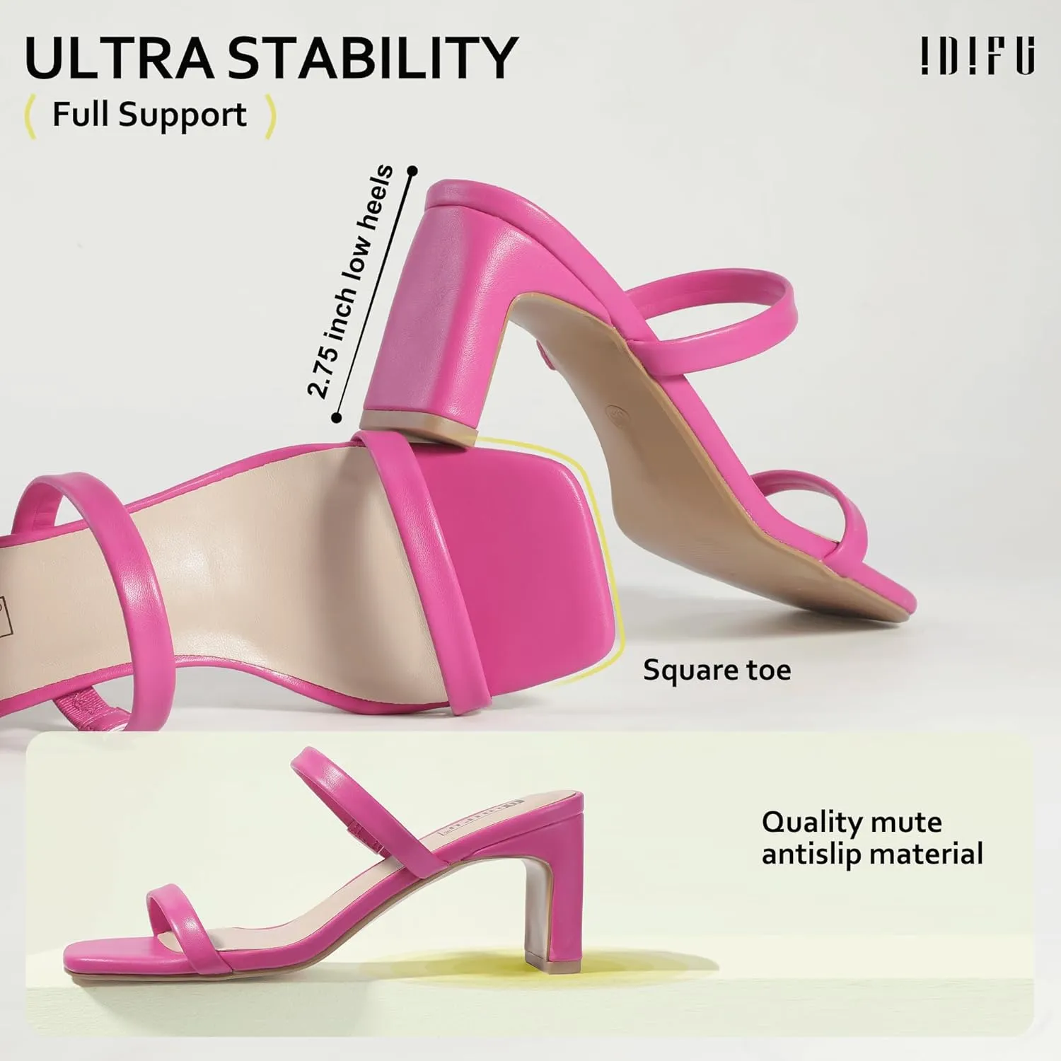 IDIFU IN3 Chunky Heels For Women Low Block Square Open Toe Heels Two Strap Slip On Comfortable Slides Heeled Sandals Sexy Wedding Prom Party Dress Shoes Cute Mule Short Heels