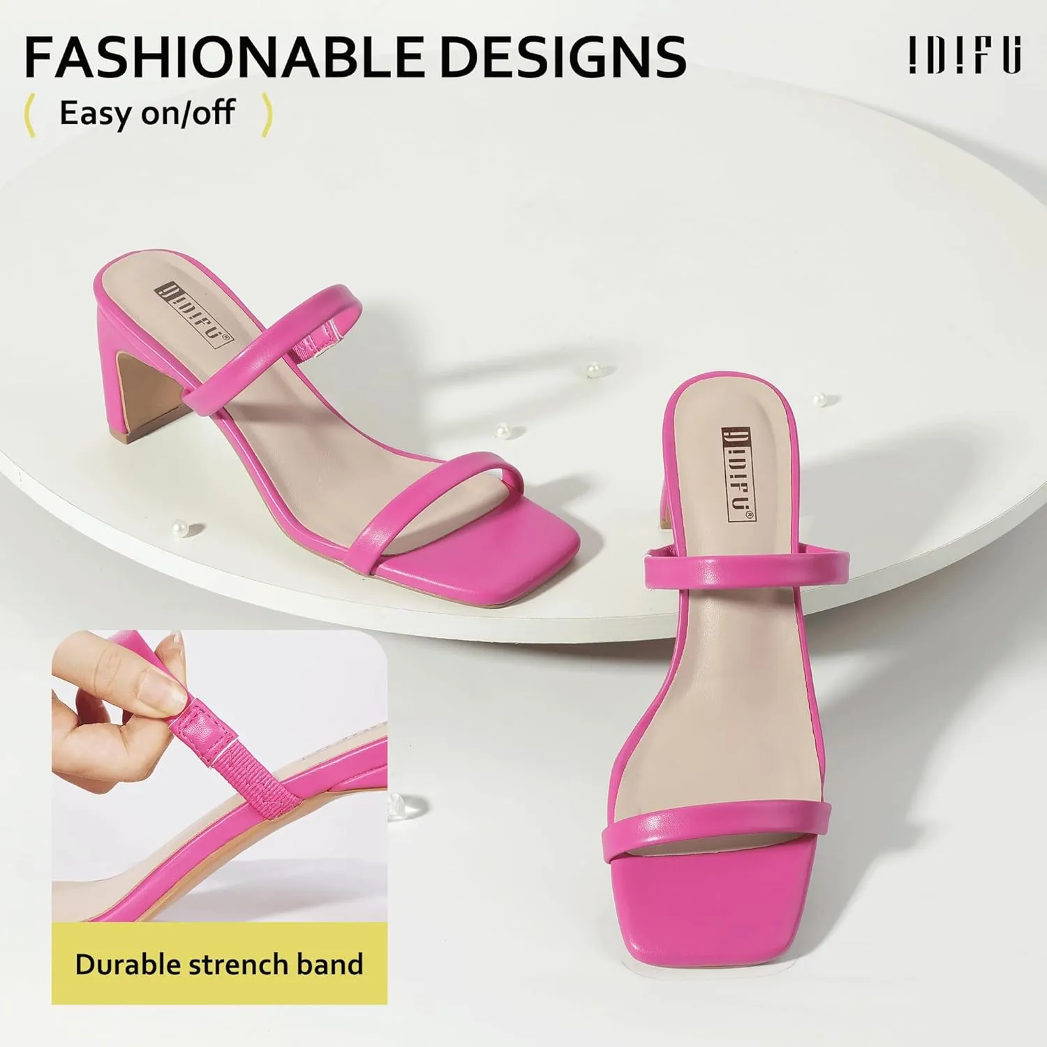 IDIFU IN3 Chunky Heels For Women Low Block Square Open Toe Heels Two Strap Slip On Comfortable Slides Heeled Sandals Sexy Wedding Prom Party Dress Shoes Cute Mule Short Heels