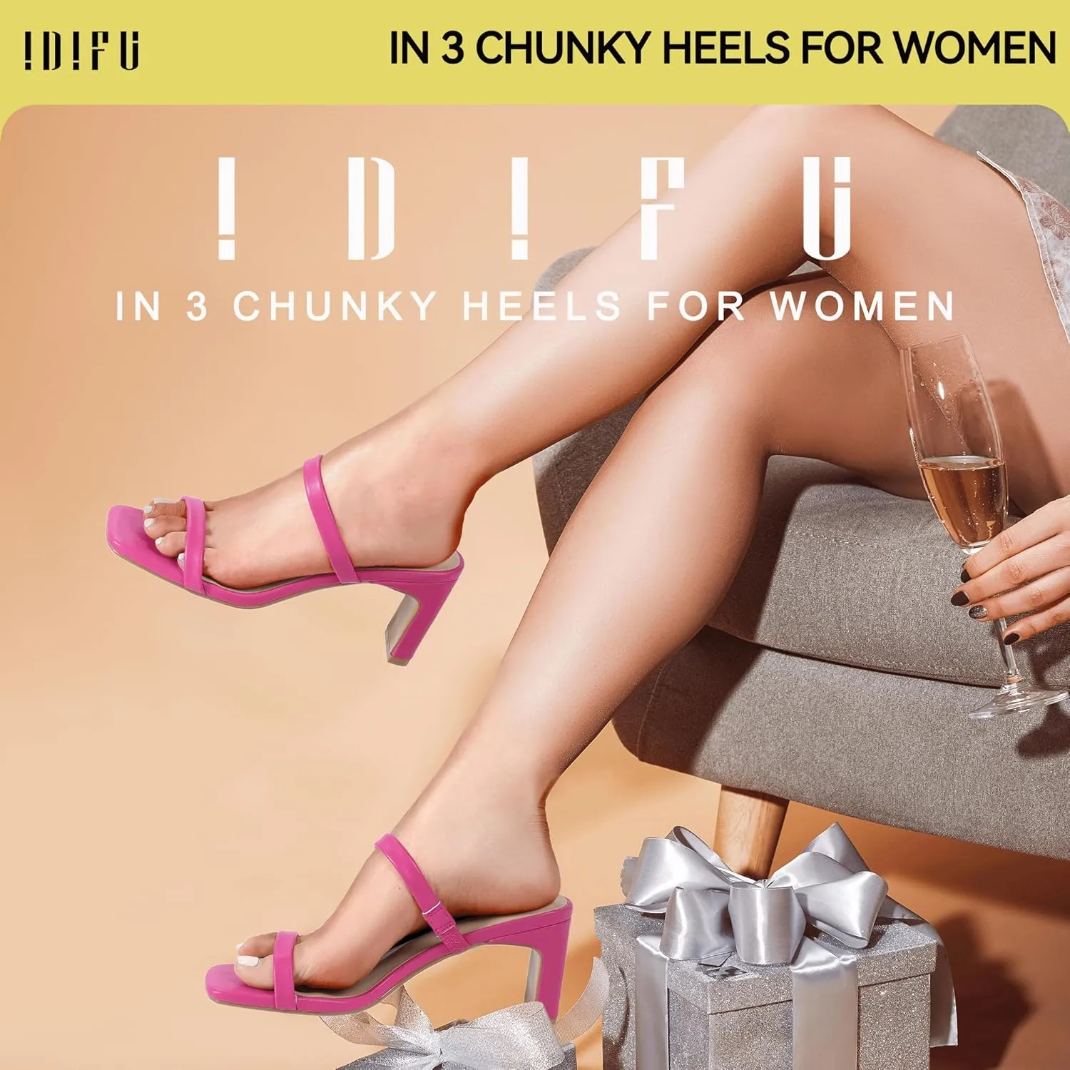 IDIFU IN3 Chunky Heels For Women Low Block Square Open Toe Heels Two Strap Slip On Comfortable Slides Heeled Sandals Sexy Wedding Prom Party Dress Shoes Cute Mule Short Heels
