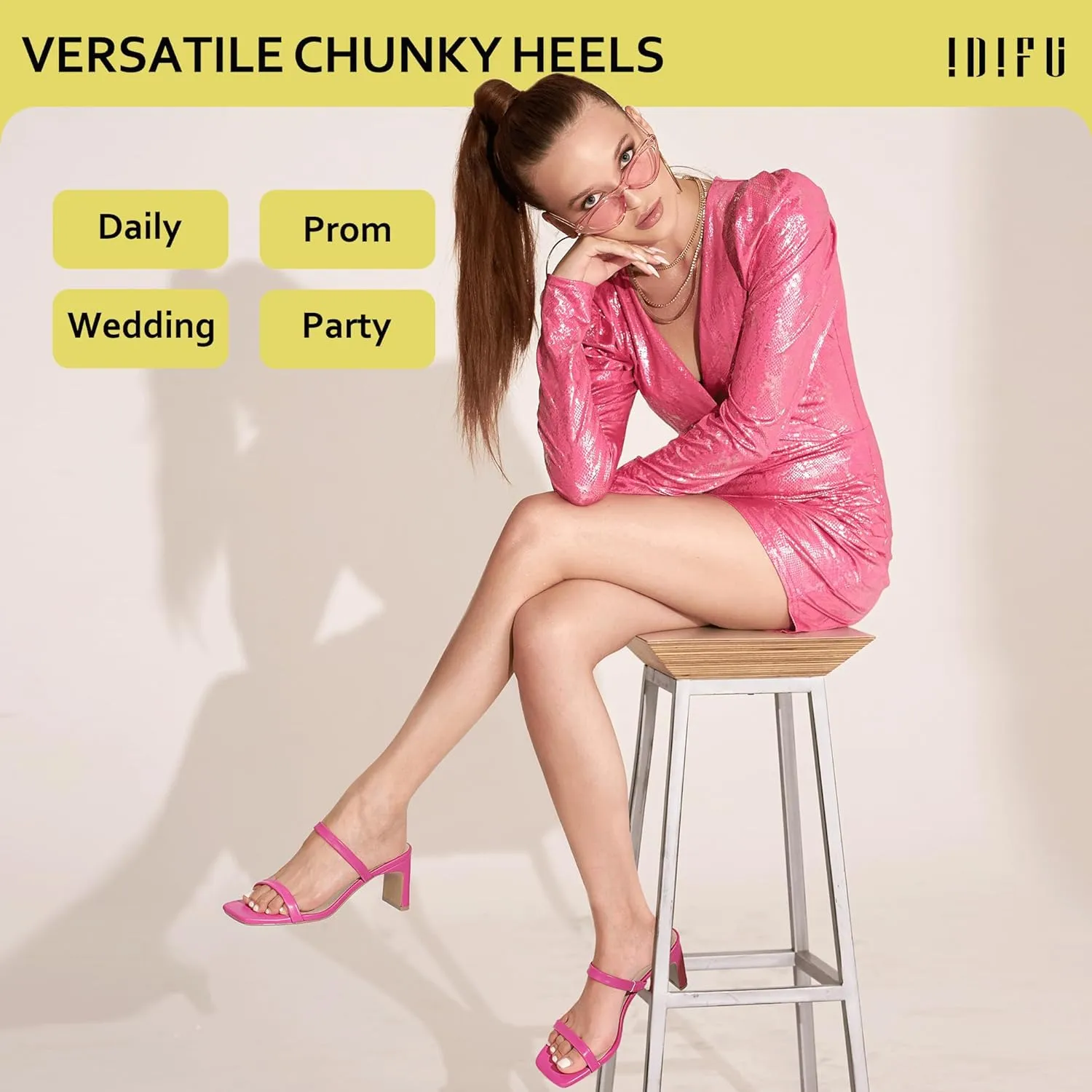 IDIFU IN3 Chunky Heels For Women Low Block Square Open Toe Heels Two Strap Slip On Comfortable Slides Heeled Sandals Sexy Wedding Prom Party Dress Shoes Cute Mule Short Heels