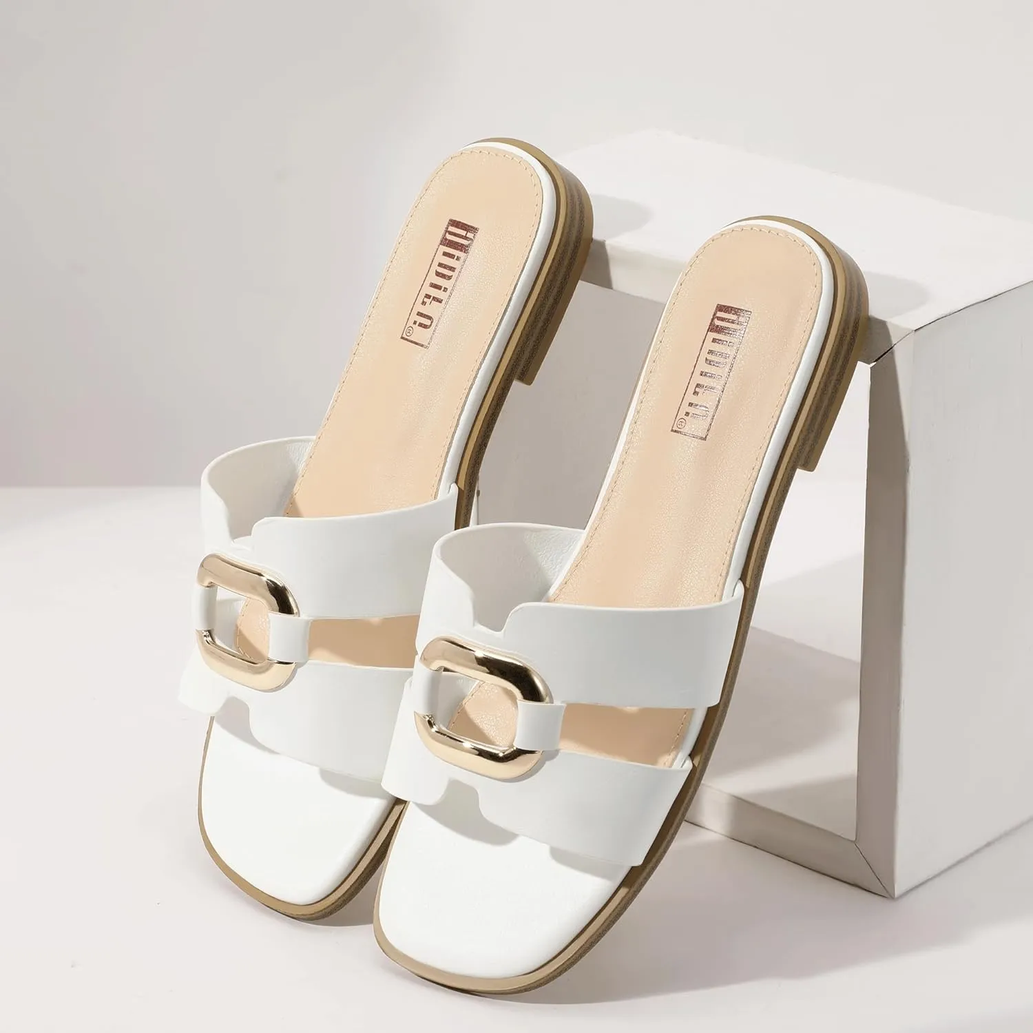 IDIFU Women's Flat Sandals Square Open Toe Slip On Comfortable Dressy Cute Trendy Casual Fancy Slide Sandals for Women Ladies Bridal Summer Beach Work Office Wedding Flat Sandals