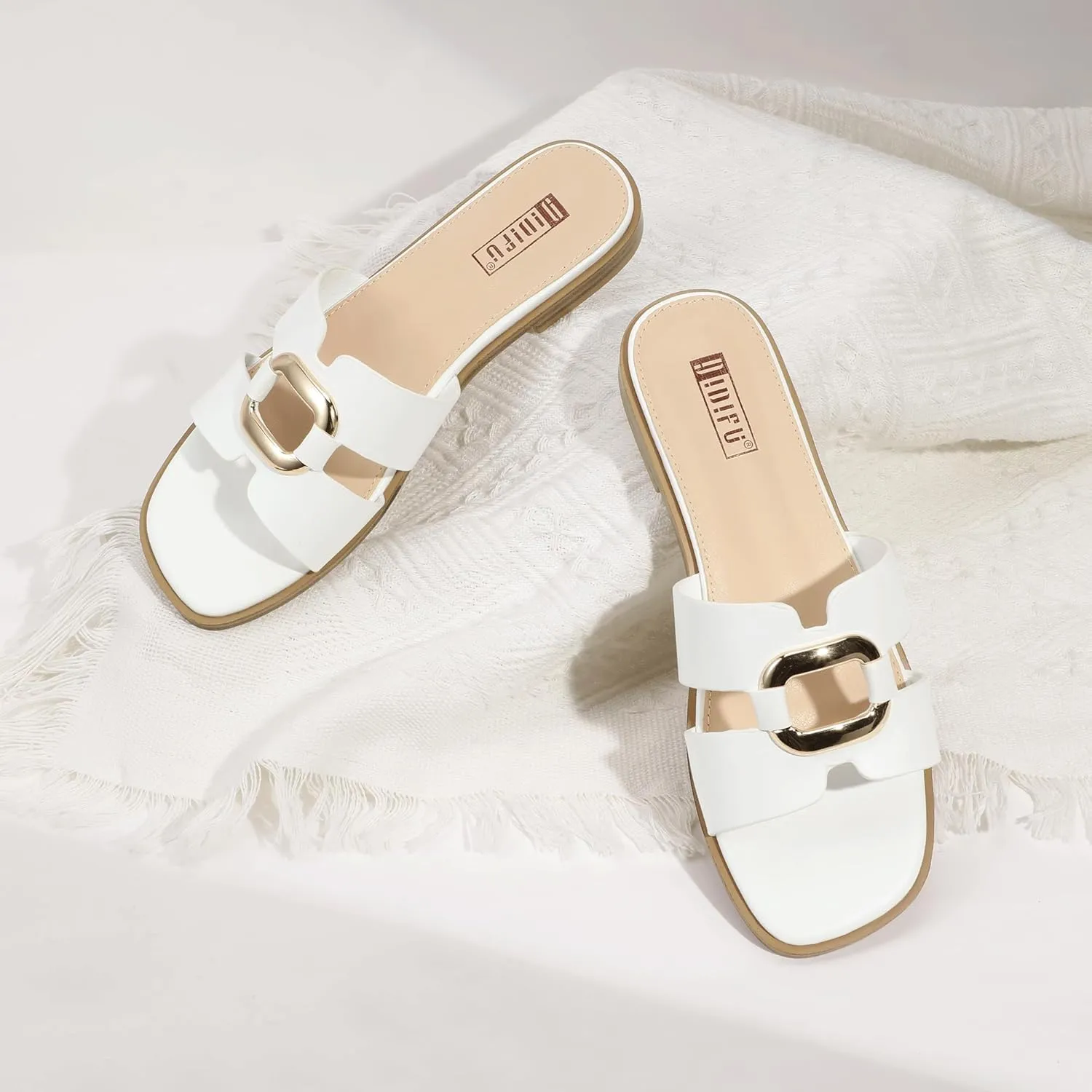 IDIFU Women's Flat Sandals Square Open Toe Slip On Comfortable Dressy Cute Trendy Casual Fancy Slide Sandals for Women Ladies Bridal Summer Beach Work Office Wedding Flat Sandals