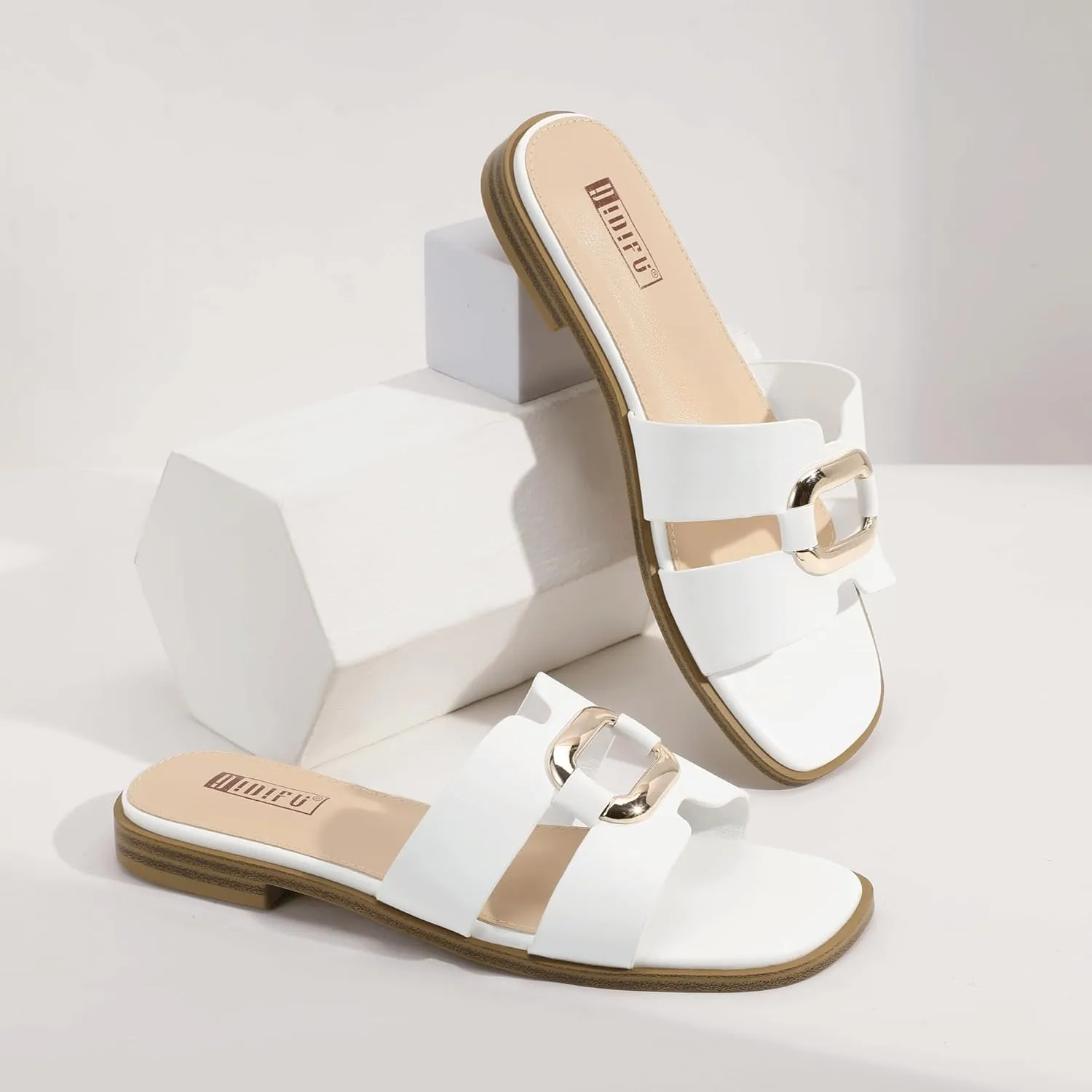IDIFU Women's Flat Sandals Square Open Toe Slip On Comfortable Dressy Cute Trendy Casual Fancy Slide Sandals for Women Ladies Bridal Summer Beach Work Office Wedding Flat Sandals