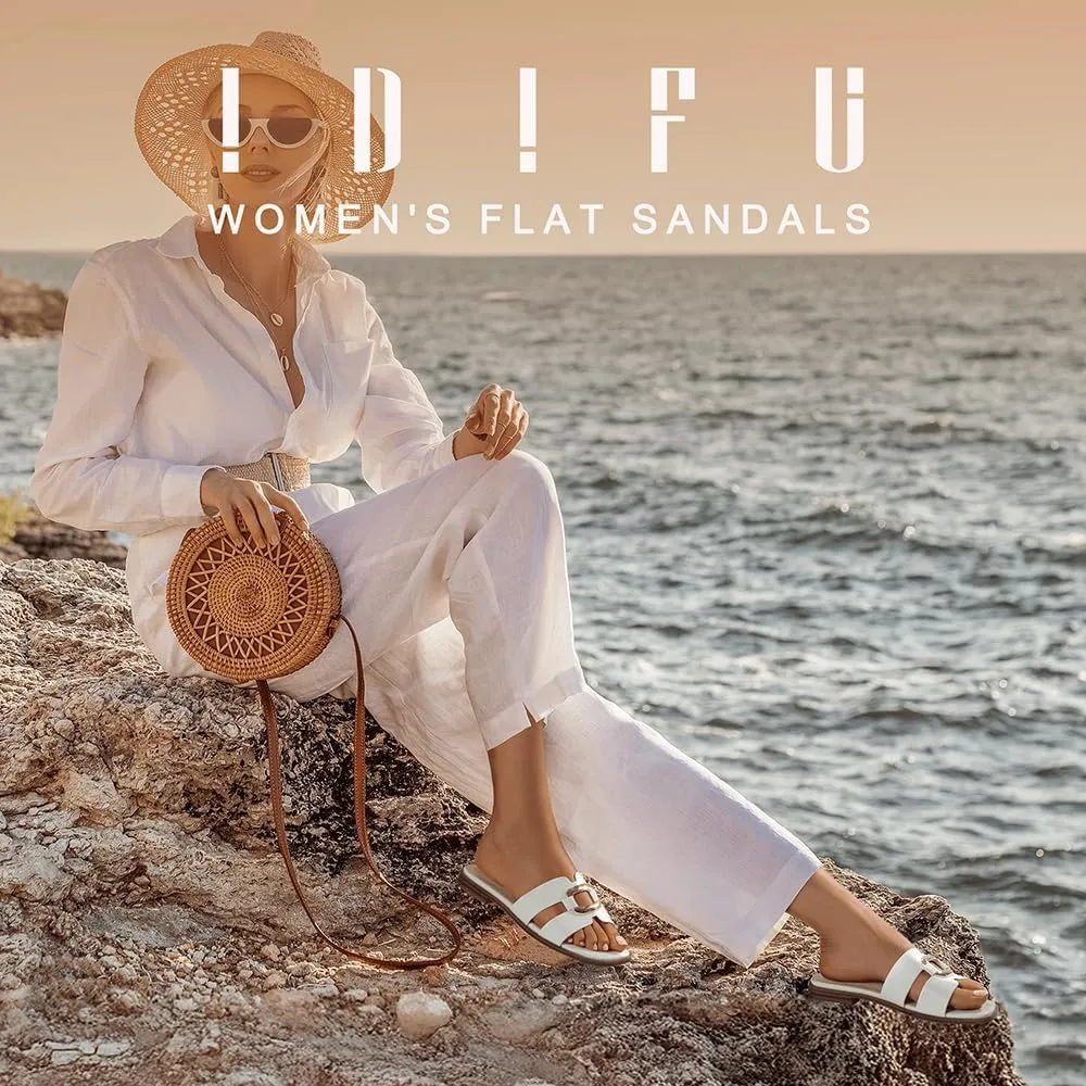 IDIFU Women's Flat Sandals Square Open Toe Slip On Comfortable Dressy Cute Trendy Casual Fancy Slide Sandals for Women Ladies Bridal Summer Beach Work Office Wedding Flat Sandals