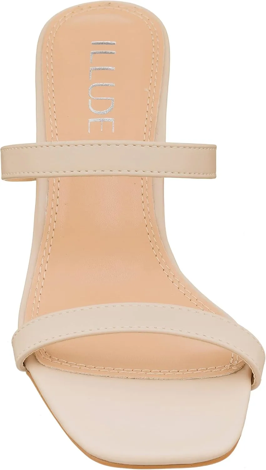 ILLUDE Women’s Block Heel Double Band Square Toe Heeled Sandal Slip On Mule - Lisa