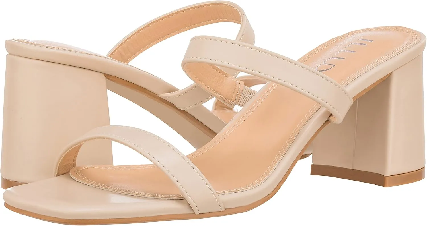 ILLUDE Women’s Block Heel Double Band Square Toe Heeled Sandal Slip On Mule - Lisa