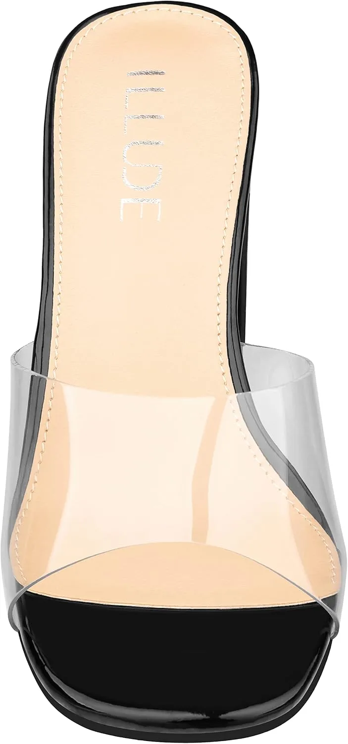 ILLUDE Women’s Block Heel Single Strap Square Toe Heeled Sandal Slip On Mule - Demi - Demi