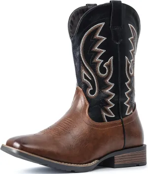 IUV Cowboy Boots For Men with Wide Square Toe Western Retro Boot Durable Classic Fashionable Embroidered Pull On Slip Resistant Boots