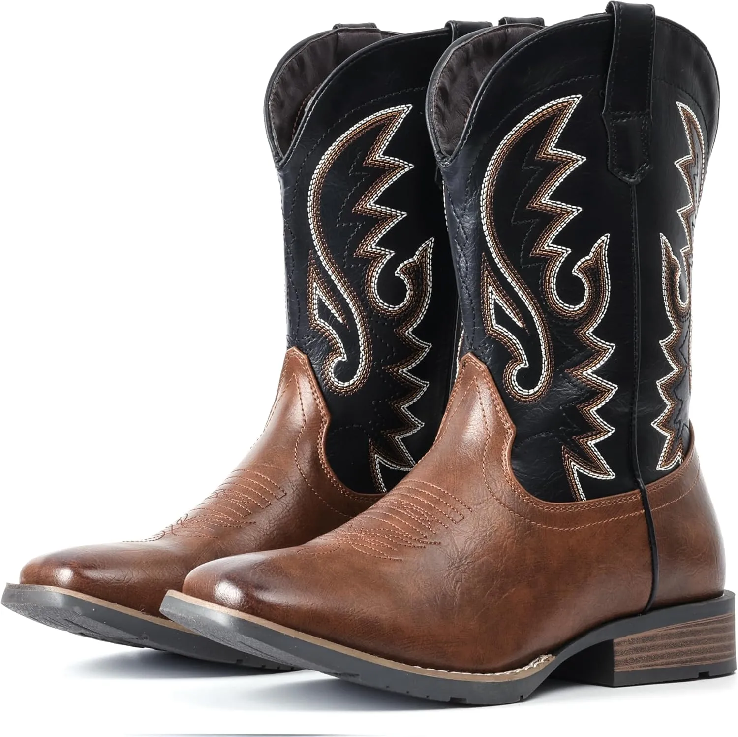 IUV Cowboy Boots For Men with Wide Square Toe Western Retro Boot Durable Classic Fashionable Embroidered Pull On Slip Resistant Boots